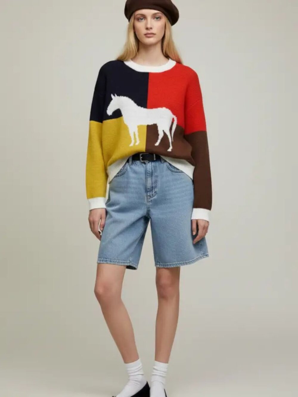 Color Block Horse Knit Sweater NEW